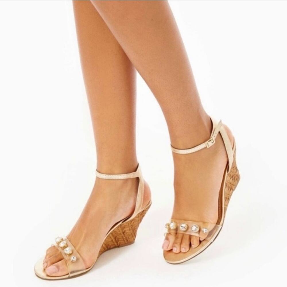 Lilly Pulitzer Natasha Wedge Sandals, Gold Leather, Chunky Rhinestones, Size 7.5
